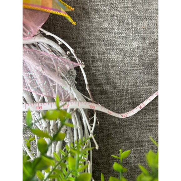 Handmade Floral Grapevine Rustic Wreath Pink Yellow Flowers Ferns w/ Ribbon Bow - Picture 6 of 6